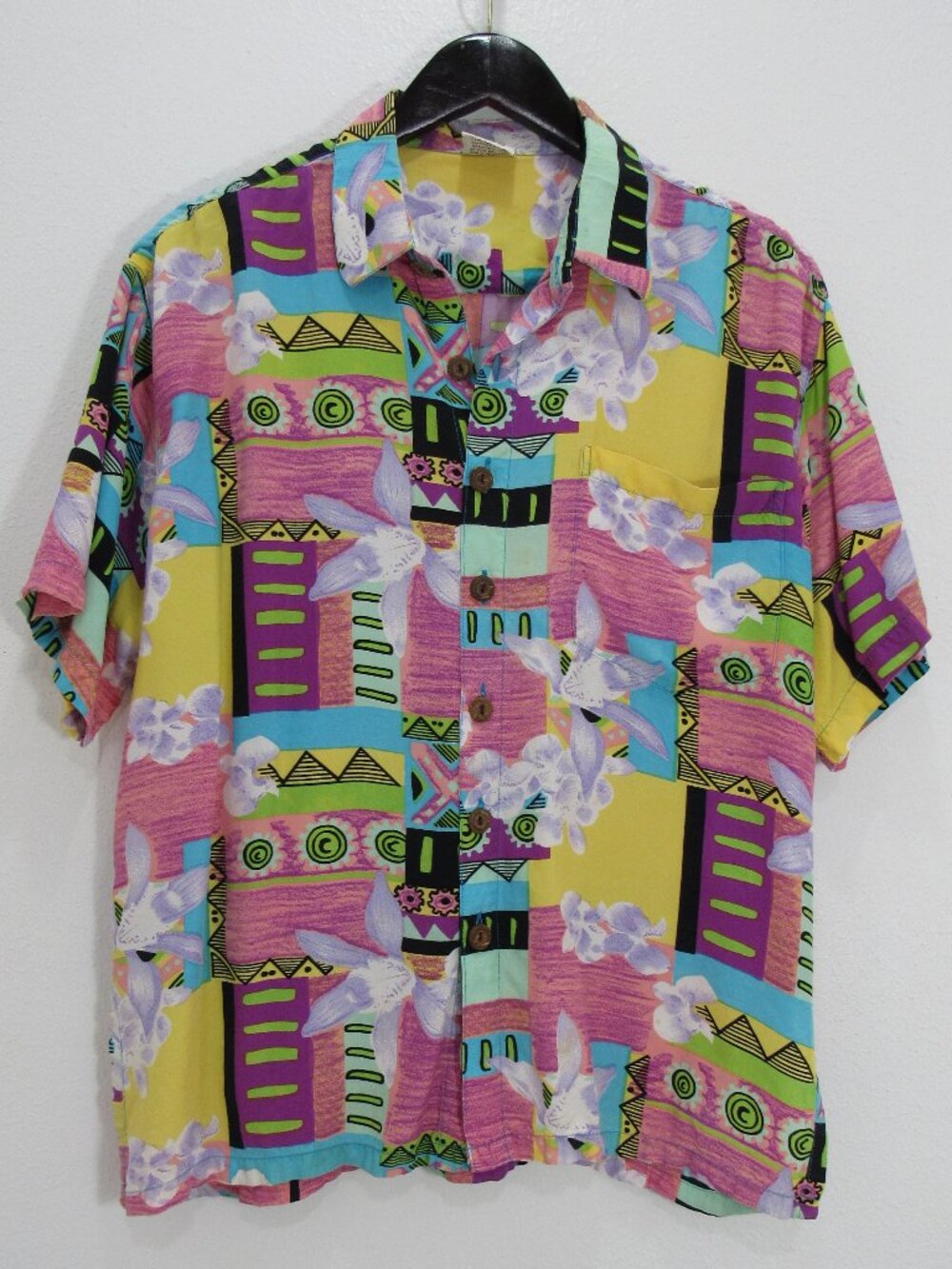 Pineapple Moon Medium 90s Button Up Bright Hawaiian Tribal Floral Colorful shirt